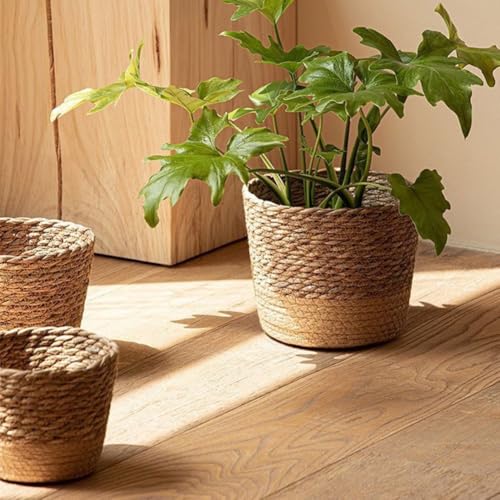 Woven Basket with Plastic Lining 6.9" x 4.7" for Indoor Outdoor Planters Home Decor Flower Pots Cover Storage Organizer Plant Corner Decoration - size: medium