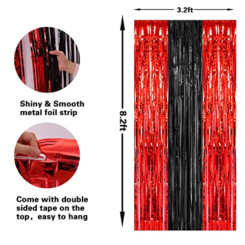PIGETALE, 2 Pack 3.2x8.2 Feet Black and Red Foil Fringe Curtains Party Decorations, Tinsel Curtain Backdrop Streamers for Birthday Graduation Fiesta Stranger Theme Halloween Christmas Party Supplies - color: Red and Black