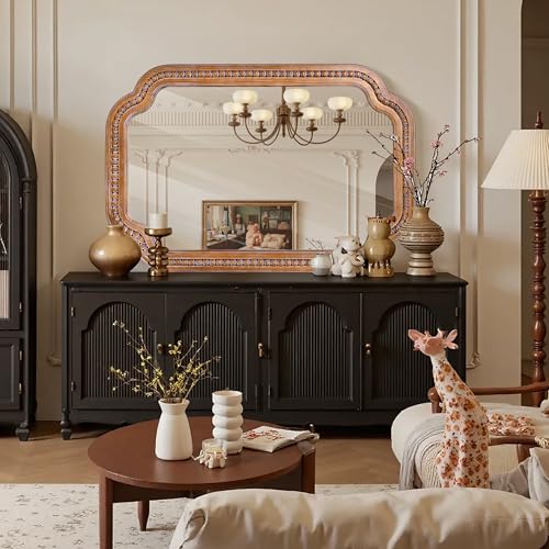 24x36 Inch Farmhouse Beaded Wall Mirror, Wood Scalloped Decorative Mirror, French Vintage Accent Mirror for Bathroom, Entryway & Glam Boho Decor - color: F - Beaded Scalloped - 24x36 in
