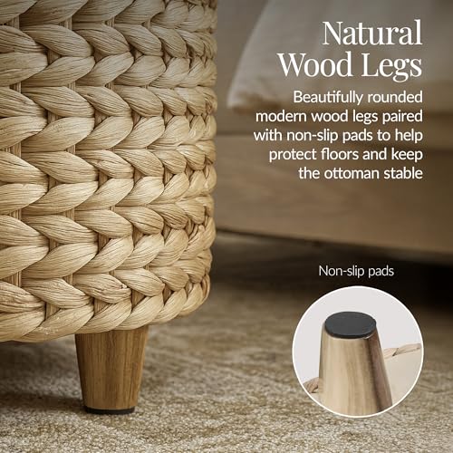 Best Choice Products 17" Round Storage Ottoman W/Lid, Handwoven Water Hyacinth Footstool, Footrest w/Wooden Legs, Accent Side Table, Storage Container, Plant Stand - Natural - color: Natural