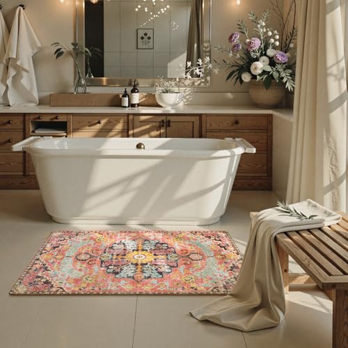 Lahome Reine Bohemian Floral Medallion Runner Rug, 2x4 Pink Bathroom Rug Runner, Machine Washable Non-Slip Hallway Mat Indoor Laundry Carpet Runners for Kitchen Living Bedroom, Fuchsia/Multi - color: Fuchsia/Multi, size: 2' x 4' (Runner)