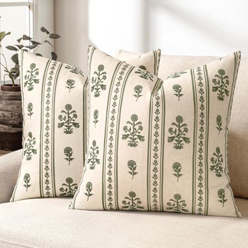 Decorative Vintage Striped Floral Throw Pillow Covers 18x18 Inch Set of 2 Dusty Green Farmhouse Boho Botanical Print Cushion Covers for Sofa Couch Chair Bedroom Living Room Summer Home Decor - color: Dusty Green, size: 18" x 18" (Pack of 2)