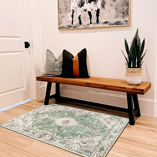 MUJOO Green Area Rug Small Rugs Boho Machine Washable Rugs Non Slip for Entryway Kitchen Bathroom Bedroom Vintage Soft Low-Pile 2'x3' Flowers - color: Green, size: 2' x 3' (Rectangular)
