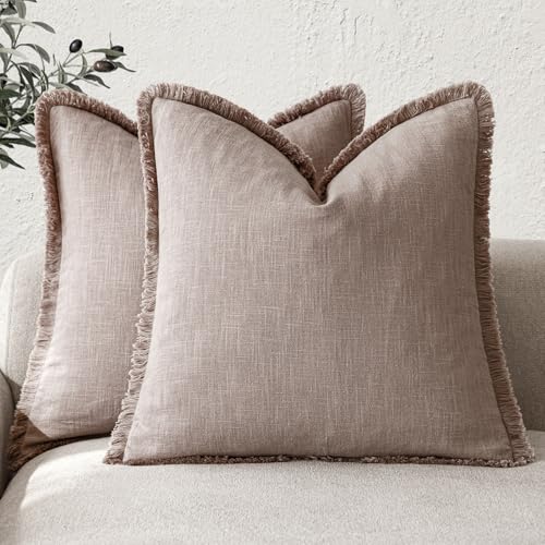 Foindtower Set of 2 Decorative Linen Fringe Throw Pillow Covers Boho Farmhouse Cushion Cover with Tassels Soft Accent Pillowcase for Couch Sofa Bed Living Room Home Decor,16×16 Inch,Dusty Pink - color: Rose Dust, size: 16" x 16" (Pack of 2)
