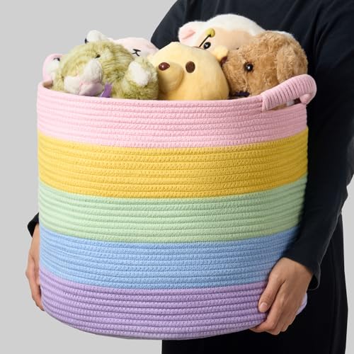 Blanket Basket (16" Dx14 H) - Round Woven Rope Storage for Living Room Throws, Pillows & Laundry- Rainbow - color: Rainbow, size: 16" X 16" X 14"