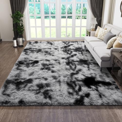 Ophanie Tie-Dyed Black&Grey Area Rugs for Bedroom Living Room, Fluffy Shag Fuzzy Carpet, Plush Shaggy Rug, 4x6 Indoor Carpet for Kids Boys Dorm Home Decor Aesthetic, Nursery - color: Tie-dyed Black & Grey, size: 4' x 6' (Rectangular)