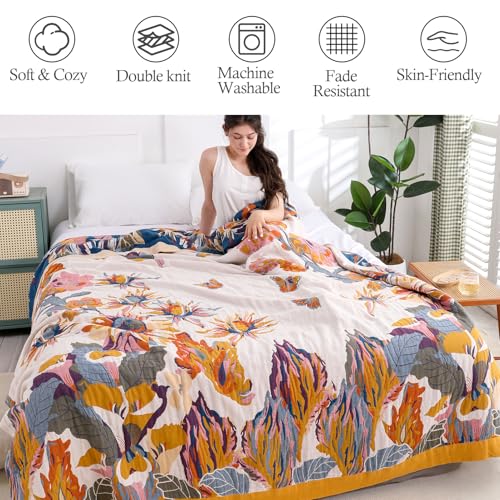 Snycler Boho Throw Blanket for Bed - 100% Cotton Ultra Soft Rustic Quilt - Watercolour Floral Printed Farmhouse Decor Bed Fall Blankets, 60"×80" All Season Rustic Throw for Sofa Couch Chair - color: Watercolour Floral, size: 60"x80"