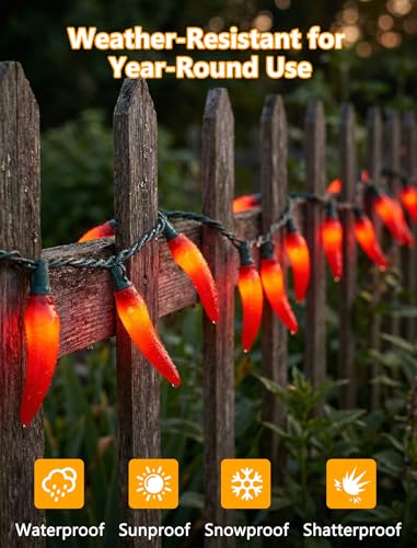 35 LED Red Chili Pepper Christmas Lights, 13.6Ft Outdoor String Lights with Warm White Bulbs, Plug in Fairy Lights for 4th of July Kitchen Patio Garden Decor, Cook Off Decorations for Cinco De Mayo - color: Red Pepper