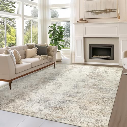 Capslpad Modern Abstract Area Rugs 6x9 Washable Rug for Living Room Non-Slip Farmhouse Rug Low Pile Soft Non-Shedding Beige Abstract Pattern Large Rugs for Bedroom Office Dining Room - color: Beige, size: 6' x 9' (Rectangular)