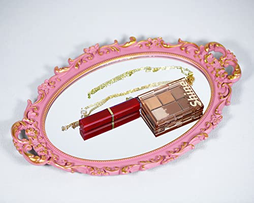 Tstarer Vintage Decorative Pink Framed Mirror, Wall Hanging Mirrors & Tabletop Tray for Bedroom Living Room Dresser Decor, Oval- 9.6" W x 14.3" L (Pink) - color: Pink