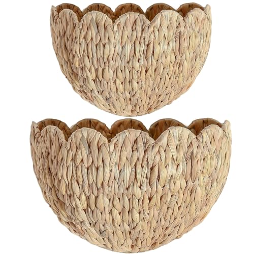 Scalloped Hanging Wicker Baskets for Wall, Scalloped Home Decor, Hanging Woven Rattan Wall Basket for Flowers Front Door Bathroom Storage (Water Hyacinth-Set of 2) - color: Natural Beige, size: S+M
