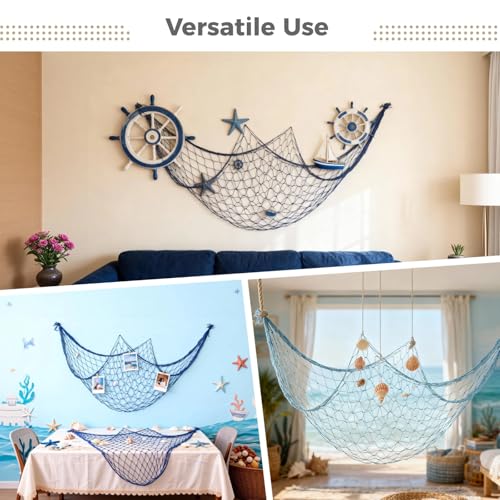 12 Pcs Fish Net Decorations, 3.3 x 6.6 ft Nautical Party Decorations, Wall Hanging Cotton Fishnet Photo Wall Background for Underwater Beach Party Decoration