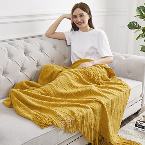 Acrylic Knitted Throw Blanket, Lightweight and Soft Cozy Decorative Woven Blanket with Tassels for Couch, Bed, Sofa, Travel, Suitable for All Seasons, 50 x 60 Inches, Mustard Yellow - color: Mustard Yellow