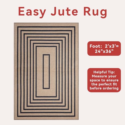 Tangsoo Geometric Easy Jute Rug 2x3 Washable Rug,Small Area Rug for Entryway,Non-Slip Black Thin Indoor Outdoor Door Mat Modern Farmhouse Carpet for Entrance Kitchen Bedroom Front Porch - color: Geometric Black, size: 2x3ft