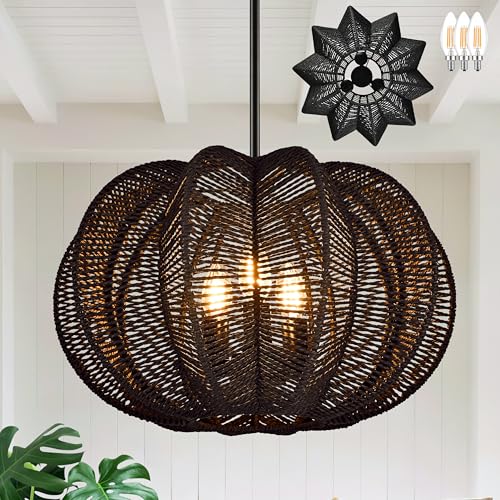 17.7 Inch Rattan Pendant Light Black Hemp Rope Rattan Light Fixture Woven Pendant Wicker Chandelier 3-Light Boho Chandelier for Foyer - color: 17.7" Black