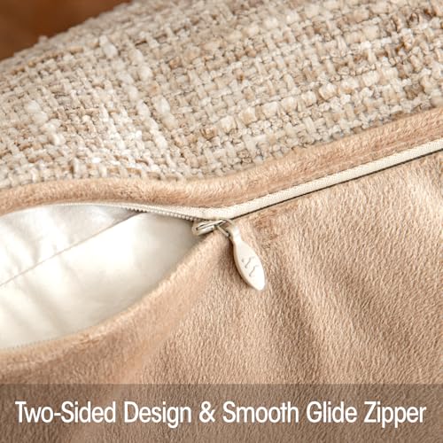 a moment Khaki Reversible Pillow Covers 2 Pack - Farmhouse Chenille Throw Pillows, Neutral Textured Decorative Throw Pillow Covers with Border for Couch Sofa Bed (18x18 Inch, No Insert) - color: Khaki, size: 18" x 18" (Pack of 2)