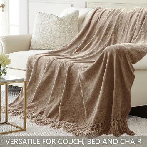 Chenille Throw Blanket for Couch 50"X 60", Soft Cozy Throws with Fringe Tassel for Bed Sofa Chair Cover, Lightweight Knitted Decorative Boho Blankets for Living Room, Taupe - color: Taupe, size: 50x60 inch