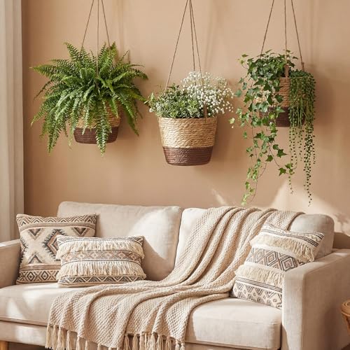 6 Pcs Seagrass Hanging Planter Basket Hand Woven Plant Basket with Plastic Liners Hanging Plant Holder Storage Containers with Cotton Rope for Indoor Garden Decor (Small,Brown,Coffee Brown) - color: Brown, Coffee Brown, size: Small