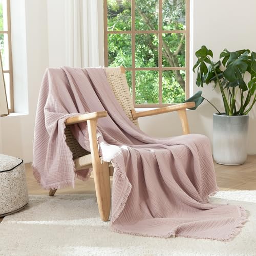 MooMee Muslin Blanket - 100% Cotton 4-Layer Gauze Throw Blanket with All-Around Fringe, Soft Breathable Lightweight Cooling Summer Blankets for Bed Couch(Greyish Pink,Oversize Queen 98" x 98") - color: Greyish Pink, size: Oversize Queen