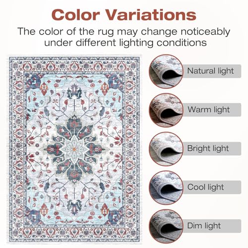 6x9 Area Rugs for Living Room, Machine Washable Boho Vintage Rug, Waterproof Surface & Non-Slip Backing, Foldable Soft Low Pile Floral Medallion Carpet for Bedroom Dining Room - color: Grey/Oriental Blue/Burgundy, size: 6' x 9' (Rectangular)