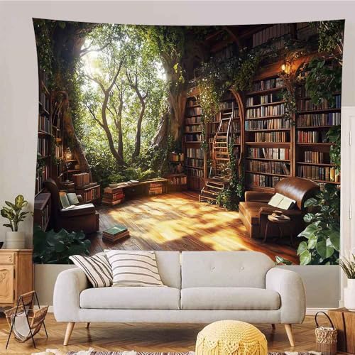 RichIdeas 80x60inches Bookshelf Tapestry Classroom Blanket Large Forest Tapestries Book Wall Hanging for Living Room, Library, Classroom, Dorm Room Decor RITA038 - color: Yellow-2, size: 80"L x 60"W