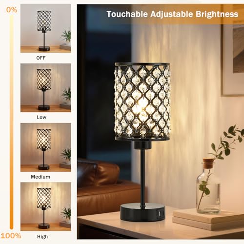 GyroVu Touch Control Table Lamp, Black Crystal Table Lamps Set of 2 with 2 USB Charging Ports, Dimmable Bedside Nightstand Lamps for Living Room, Bedroom, Guest Room, Bulbs Included - color: Black-2, size: 14.75"