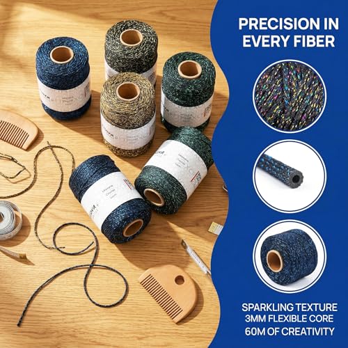 3mm Sparkle Polyester Macramé Cord - 150g/66yds Metallic Glitter Braided Cord for Crocheting Bags, Baskets, Macramé Plant Hangers & DIY Crafts, Machine Washable (13#Black Blue) - color: 13#black Blue