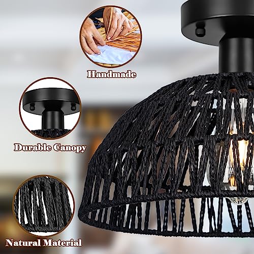 Rattan Ceiling Light Fixtures 2 Packs-Black Rustic Woven Basket Flush Mount Ceiling Light, Handmade Wicker Ceiling Lamp, Rattan Chandelier For Kitchen Island, Hallway, Living Room, Bedroom, E26 Base - color: Black