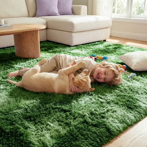 DweIke Fluffy Dark Green Rugs for Bedroom Living Room, 3x5 Feet Soft Plush Shaggy Tie-Dyed Forest Moss Green Girls Boys Kids Rug, Non-Slip and Machine Washable Carpet for Dorm Nursery Decor - color: Dark-green, size: 3 Ft X 5 Ft