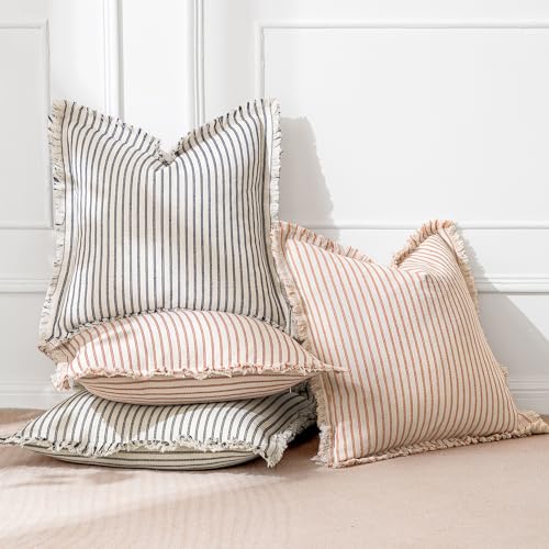 MIULEE Pack of 2 Rust Pillow Covers 18x18 Inch Striped Farmhouse Couch Throw Pillow Covers with Fringe Chic Linen Decorative Cushion Covers for Sofa Living Room Bed Outdoor Home Decor - color: Rust, size: 18" x 18" (Pack of 2)