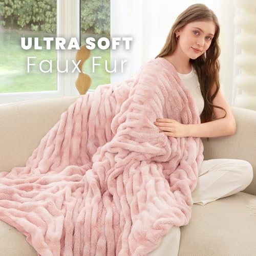 Faux Rabbit Fur Throw Blanket, Ultra Soft Plush Cozy Blanket for Couch Bed, Thick Fluffy Ruched Tie-Dye Decorative Blanket, Giftable,50"x60",Tie-Dye Pink - color: Tie-dye Pink, size: Throw(50"x60")