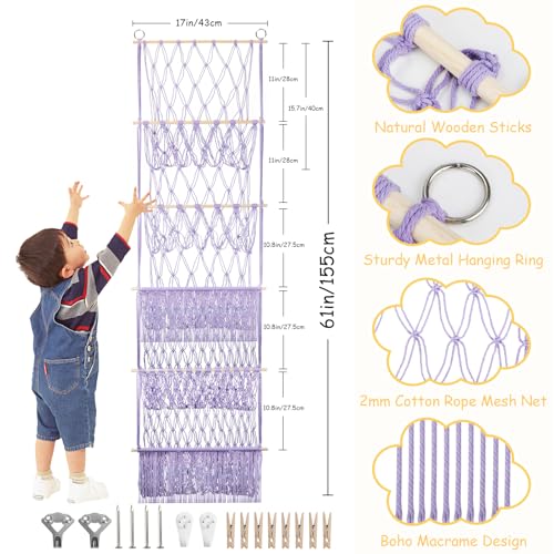 5 Tier Stuffed Animal Storage Shelf Net, 17x61 Inch Large Plushie Net w/LED Light & Clips for Mini Medium Stuffy Teddy, Purple Boho Macrame Wall Toy Holder Display for Nursery Kids Girls Boys - color: Light Purple, size: Large-5 Tier-17x61 Inch