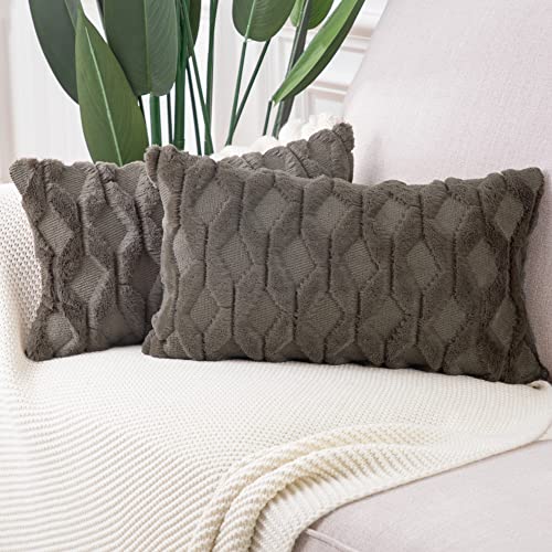 MADIZZ Set of 2 Soft Polyester Short Wool Velvet Decorative Throw Pillow Covers 12x20 inch Dark Taupe Rectangular Luxury Style Cushion Cases Pillow Shell for Sofa Bedroom - color: Dark Taupe, size: 20" x 12" (Pack of 2)