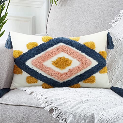 Merrycolor Boho Throw Pillow Covers Lumbar Decorative Throw Pillow Cover Tufted Woven Pillow Case Cushion Covers for Bed (1pc,12x20 Inches) - color: Blue and Pink, size: 20" x 12" (Pack of 1)