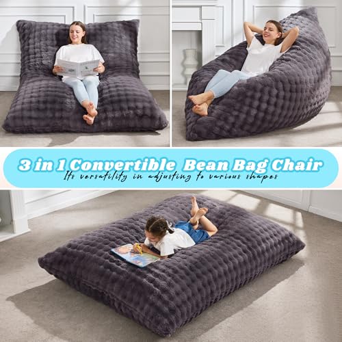 Hobestluk 3 in 1 Bean Bag Chair Giant Bean Bag Chairs for Adults with Bubble Cover Convertible Bean Bag Floor Cushion with Machine Washable Cover for Living Room (Bubble Dark Grey) - color: Shadow Grey