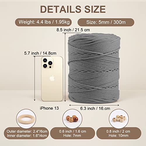 Macrame Cotton Cord 5mm x 328yds, ZUEXT Natural Handmade Light Grey Braided Cords 4 Strands Knitted Rope String for Craft Wall Hanging Weaving Tapestry Dream Catchers Hanger DIY Gift (300m) - color: Light Grey, style: 5mm x 300m
