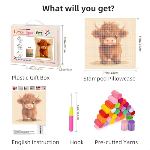 Latch Hook Pillow Kits for Adults Cute Baby Highland Cow DIY Pillow Cover Printed Pillowcase Crochet Hooking Yarns Handmade Cushion for Home Sofa Decoration 17x17inch(8) - color: 01-Highland Cow