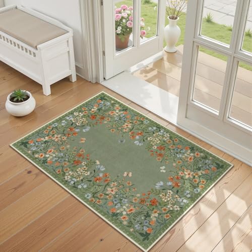 Wonnitar 2x3 Washable Area Rug, Green Floral Entryway Rug, Boho Small Non Slip Rug for Bathroom, Soft Kitchen Accent Carpet, Ultra Thin Bedside Laundry Decor (2x3 Green) - color: Green, size: 2' x 3' (Rectangular)