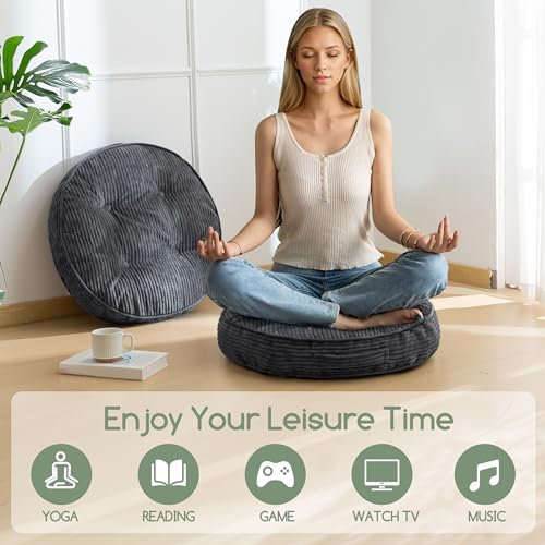 HIGOGOGO Floor Pillow Cushion for Adults, Meditation Cushion Pillow, Large Round Floor Sitting, Tufted Corduroy Cover, for Tatami Living Room or Yoga, 22x22 Inch, 2Pack, Dark Grey - color: Round Dark Grey, size: 4" Thick(Pack of 2)