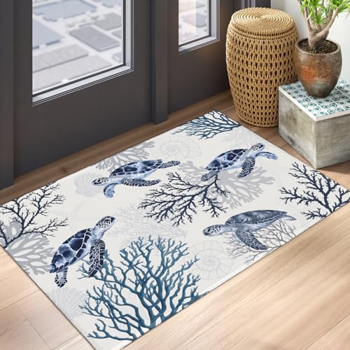 Summer Coastal Outdoor Door Mat 2x3 Nautical Coral Sea Turtle Entryway Area Rug Navy Blue Beach Theme Small Low Pile Front Doormat Washable Throw Rugs for Living Room Bedroom Kitchen - color: Coastal Turtle