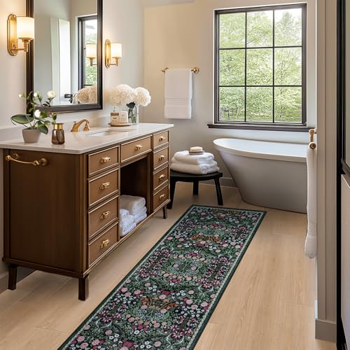 Runner Rug for Entryway: 2x6 Kitchen Rugs Non Slip Washable Ultra-Thin Soft Floral Carpet Indoor Floor Stain Resistant Carpets for Hallway Bedroom Kitchen Laundry Bathroom Dorm Dark Green - color: Dark Green, size: 2' x 6' (Runner)