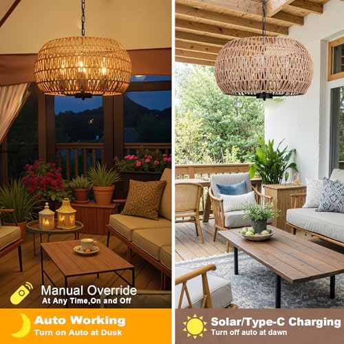 Outdoor Solar Chandelier, 4-Light 19" Rattan Outdoor Chandelier, Hanging Pendant Lights, Waterproof, for Gazebo, Pergola, Porch, Patio