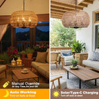 Outdoor Solar Chandelier, 4-Light 19" Rattan Outdoor Chandelier, Hanging Pendant Lights, Waterproof, for Gazebo, Pergola, Porch, Patio