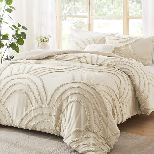 ENJOHOS Boho Comforter Set 3PC, Full Size, Beige, Dorm Bedding Sets for College Girls, Tufted Rainbow Design, Fluffy Lightweight Breathable Microfiber Comfoter - color: Beige Comforter, size: Full