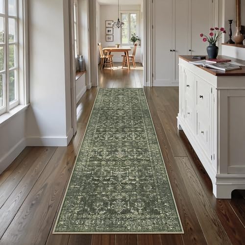 3x10 Green Runner Rug Hallway Washable Area Rugs Kitchen Vintage Boho Non Slip Long Rug Floral Carpet Indoor Retro Soft Low Pile Throw Rug for Bedroom Bathroom Laundry Dining Living Room Office - color: Dark Green, size: 3' x 10' (Runner)