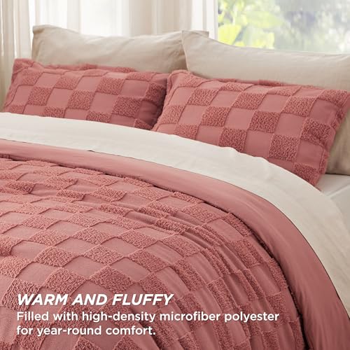 Bedsure Queen Size Comforter Set Grayish Pink, Boho Tufted Bed Set, Checkered Farmhouse-Style Distressed Vintage Bedding, 3 Pieces, 1 Plaid Geometric Comforter and 2 Pillow Shams - color: 05 - Grayish Pink - Tufted Checkboard, size: Queen