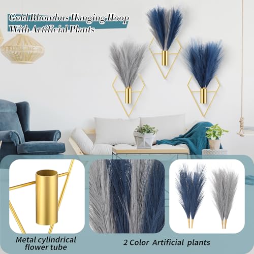 Hanaive 4 Sets Boho Gold Wall Decor Metal Wall Art Hanging Planters with Artificial Pampas Display Art Modern Home Metal Vase for Bedroom Living Room Home Office(Gold, Blue, Light Gray) - color: Blue,light Gray, style: Soft