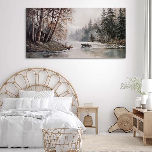 HGUAOA Mountain Canvas Wall Art Rustic Lake Landscape - Nature & Forest Scenery Paintings Pictures for Living Room & Bedroom Wall Decor Vintage Artwork for Walls - color: Rustic, size: 48"L x 24"W