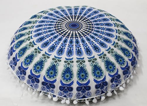 Sky Green Peacock Round Mandala Floor Pillow Cover Seating Cushion Throw Cover Hippie Decorative Bohemian Ottoman Pouf Cover, Pom Pom Pillow Cases,Boho Indian 32 Inches - color: Sky Green, size: 32" Round