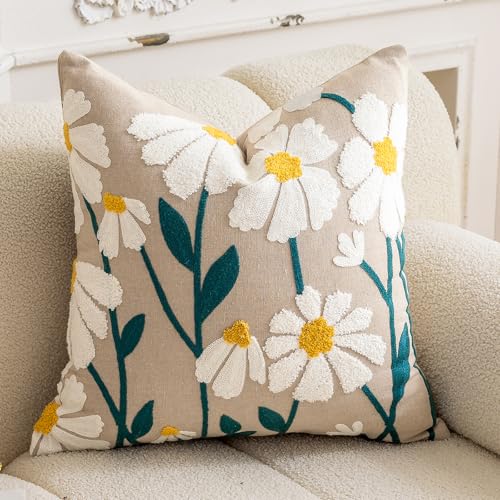 vctops Boho Floral Tufted Decorative Throw Pillow Cover Botanical Embroidered Cotton Cushion Cover for Couch Sofa Bed (Flower E,18"x18") - color: Flower E, size: 18" x 18" (Pack of 1)